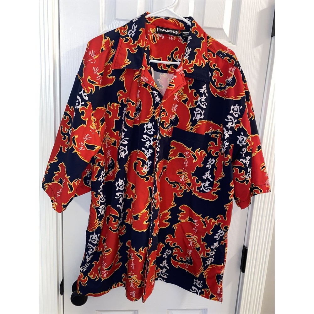 2 VTG Paco Button Shirt. Short Sleeve Red and Yellow Dragons. XL Polyester